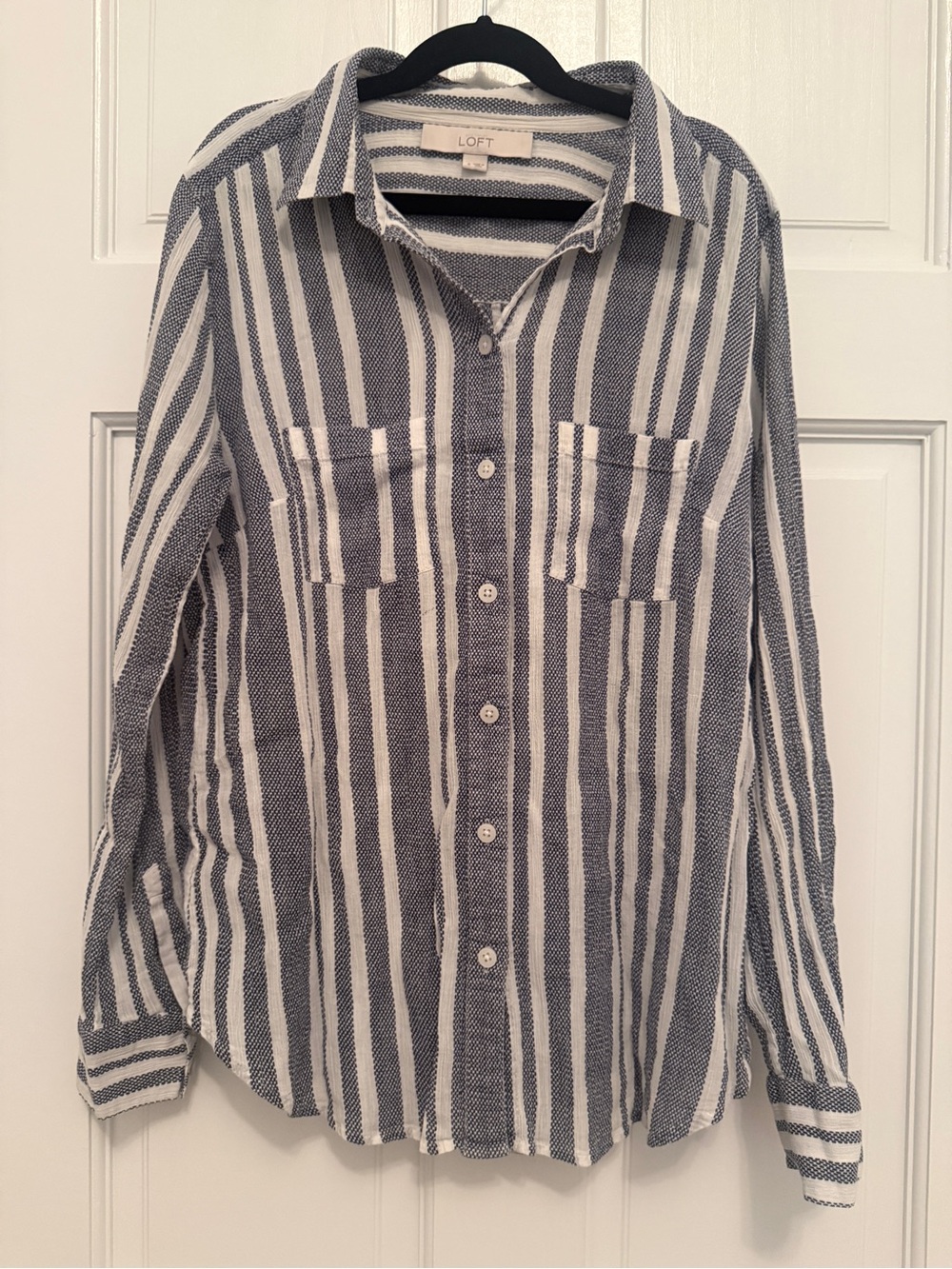 LOFT Women’s Blue and White Striped Button-Up Shirt in 100% Cotton